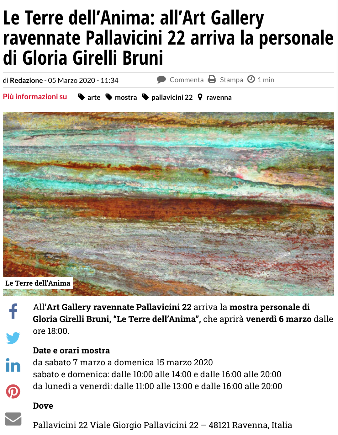 Le Terre dell'Anima di Gloria Girelli Bruni su Ravennanotizie.it | Pallavicini22 spazio espositivo Ravenna